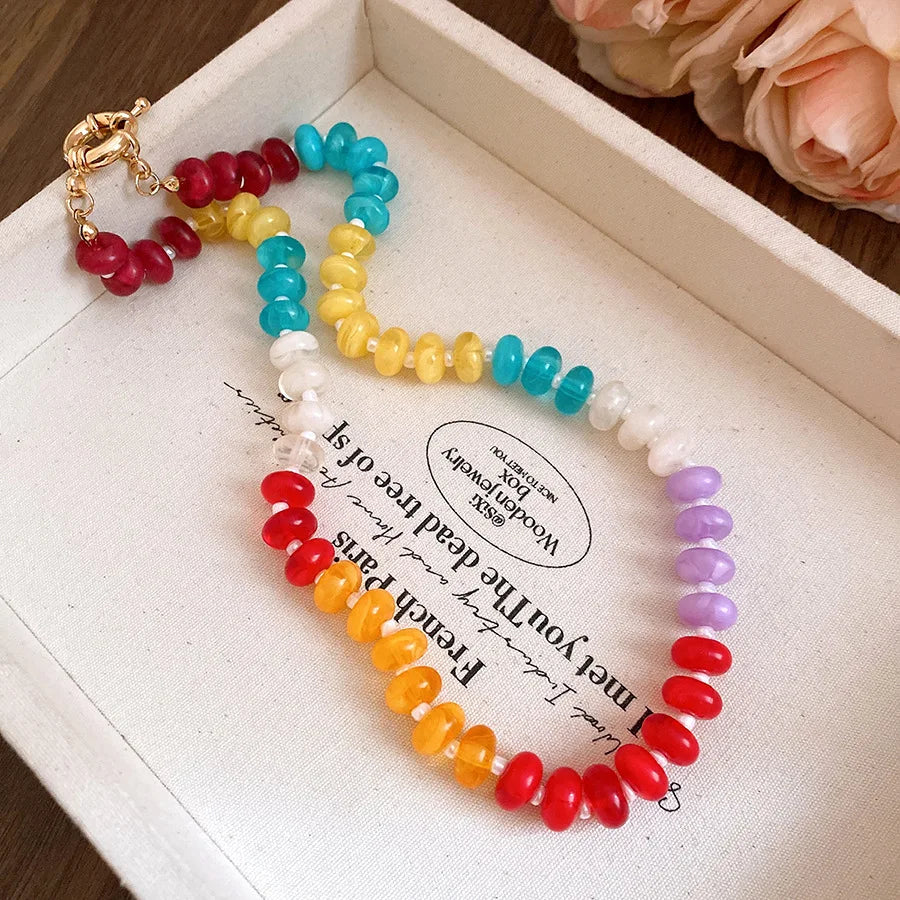 European American Jewelry Rainbow Acrylic Beaded Clavicle Chain Dopamine Sweet Irregular Necklace for Women