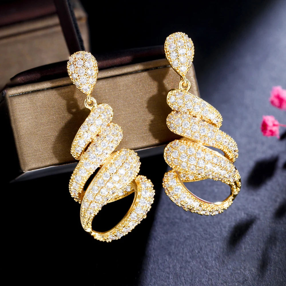 ThreeGraces Luxury Fashion Shiny White Zirconia Bridal Wedding Party Long Twist Lines Drop Earrings for Women Jewelry E1053