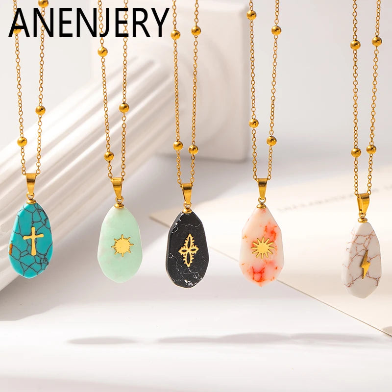 ANENJERY 316L Stainless Steel Geometry Stone Star Sun Cross Necklace For Women Vintage Fashion Niche Lady Jewelry Gift Wholesale