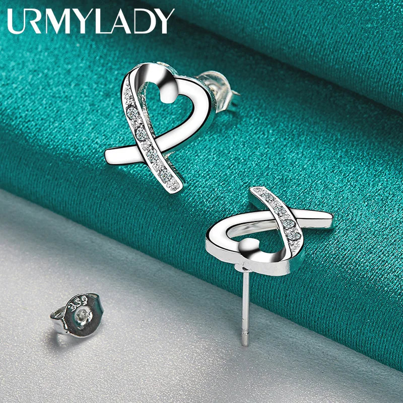 URMYLADY 925 Sterling Silver Love Heart Zircon Stud Earrings For Women Wedding Party Fashion Jewelry