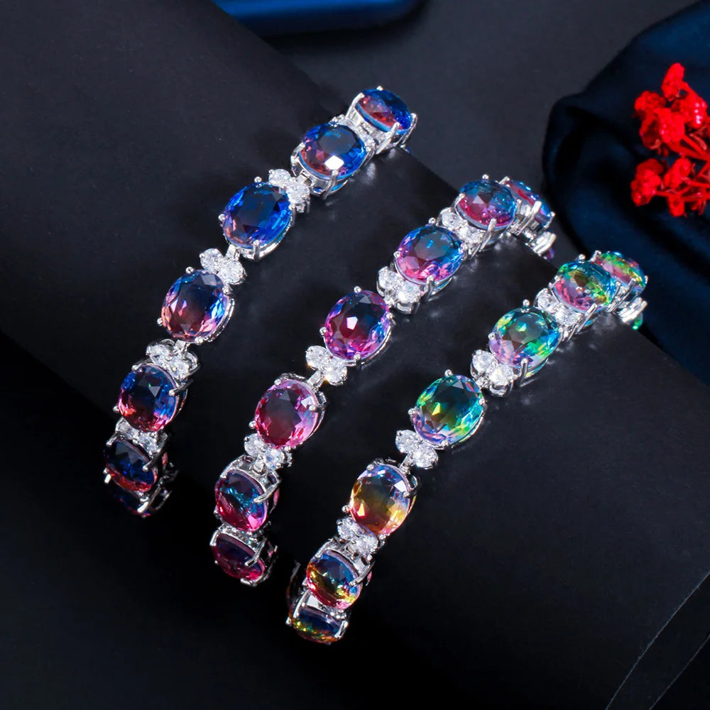 ThreeGraces Mystical Rainbow Cubic Zirconia Stones Silver Color Fashion Bridal Party Link Chain Bracelet for Women Jewelry BR380