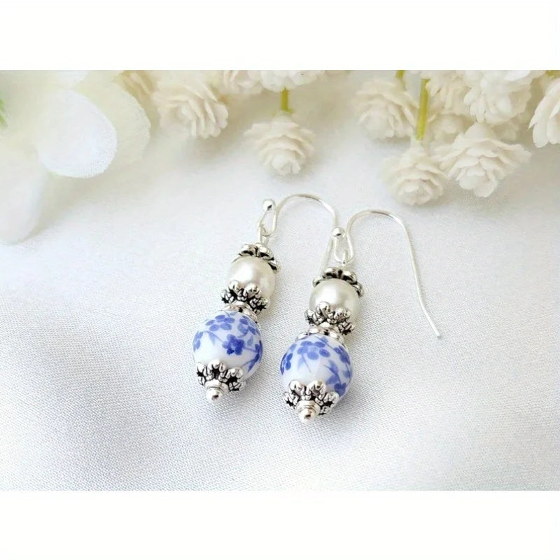 Retro Chinese Style Blue Floral Ceramic & Imitation Pearl Earrings Handmade Silver Plated Drop Earrings for Women Ethnic Jewelry