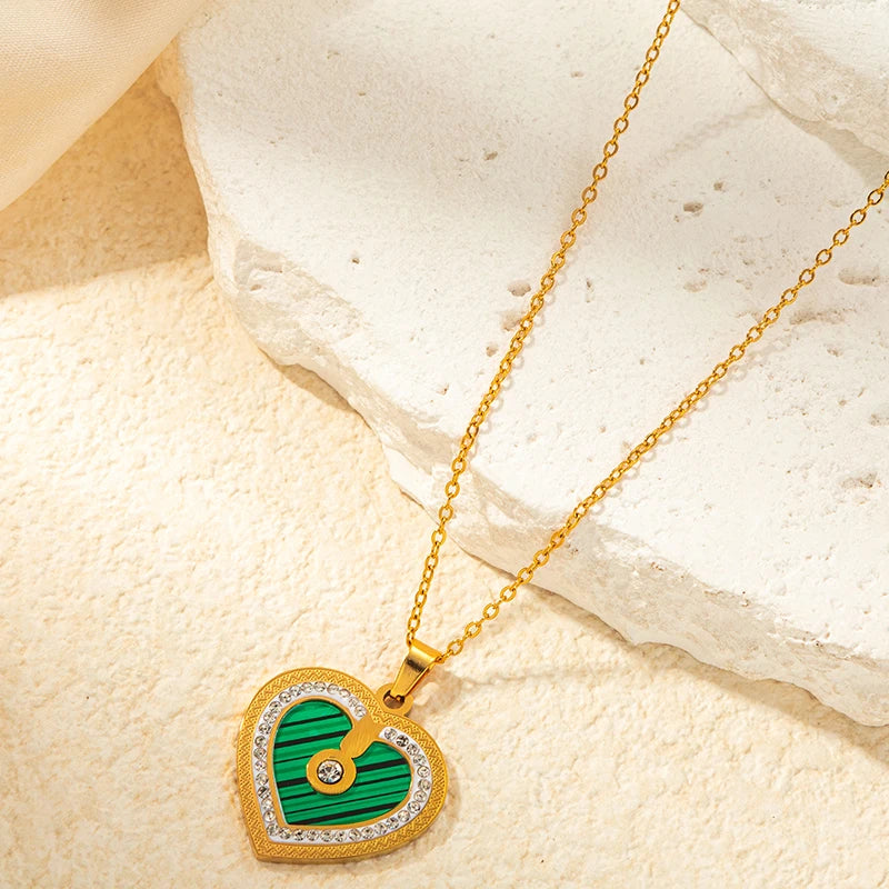 ANENJERY 316L Stainless Steel Double sided Heart Shiny Zircon Necklace Earrings For Women Niche Vintage Jewelry Gifts Wholesale