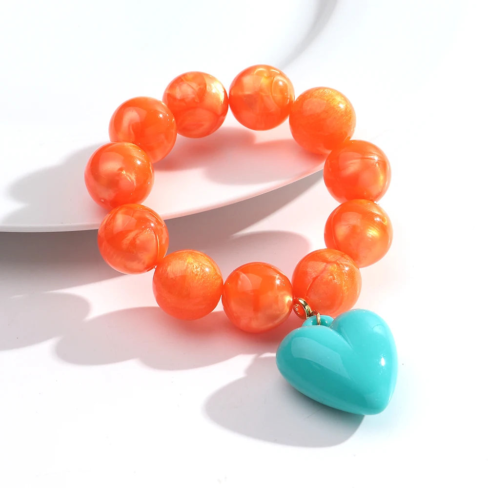 Boho Colorful Round Beads Heart Pendant Elastic Bracelets Fashion Geometric Beaded Bangle Bracelet Women Jewelry Gifts