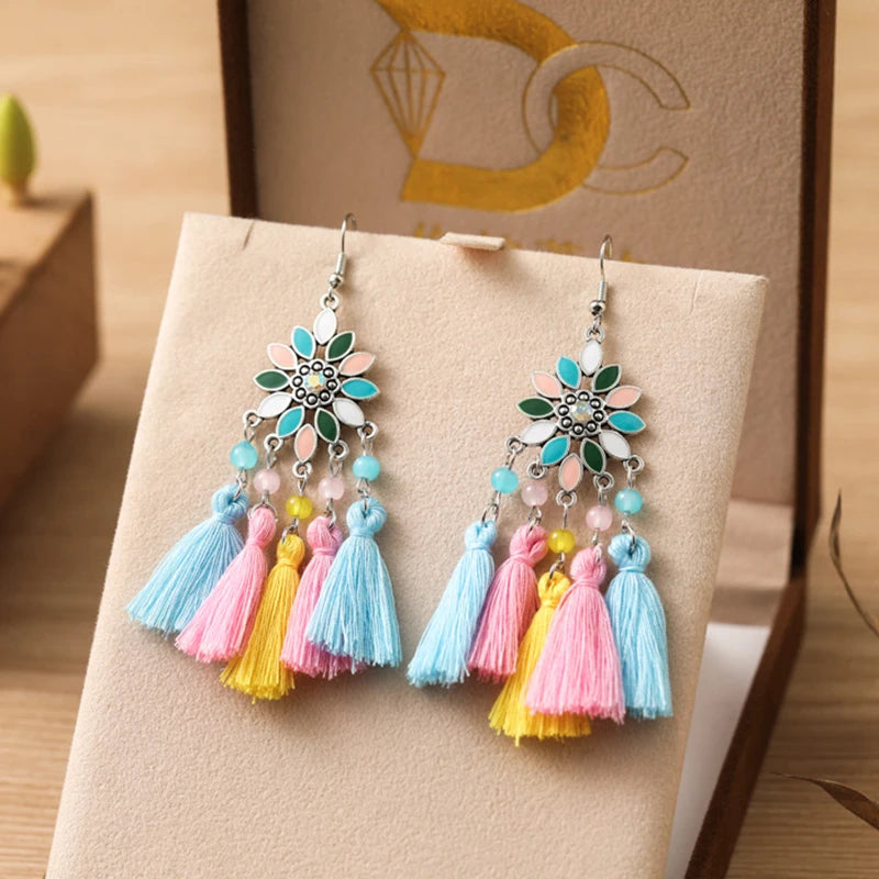 Classic Ethnic Tassel Earrings for Women Bohemian Enamel Flower Crystal Handmade Earring Female DailyVacation Jewelry