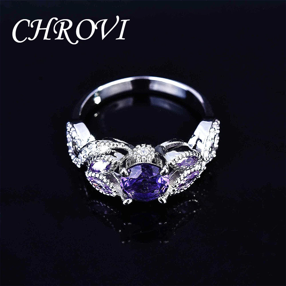 Luxury-Style 925 Sterling Silver New Model Set with Purple Crystal Ring - Full Diamond Engagement Ring for Women