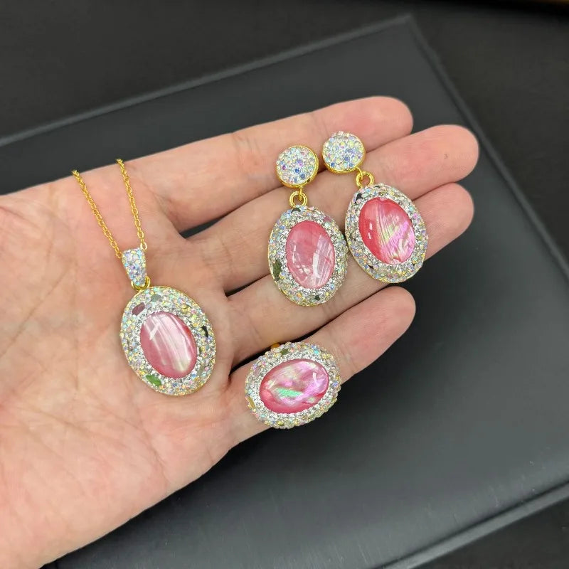 Shell Earrings for Women Geometric Inlaid Rhinestones Vintage Jewelry Sets Light Luxury Fashion Elegant Aretes De Mujer