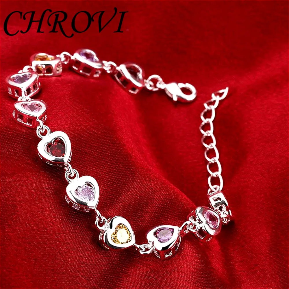 Exquisite 925 sterling silver cubic zirconia crystal heart bracelet for women, versatile, fashionable, suitable for commuting
