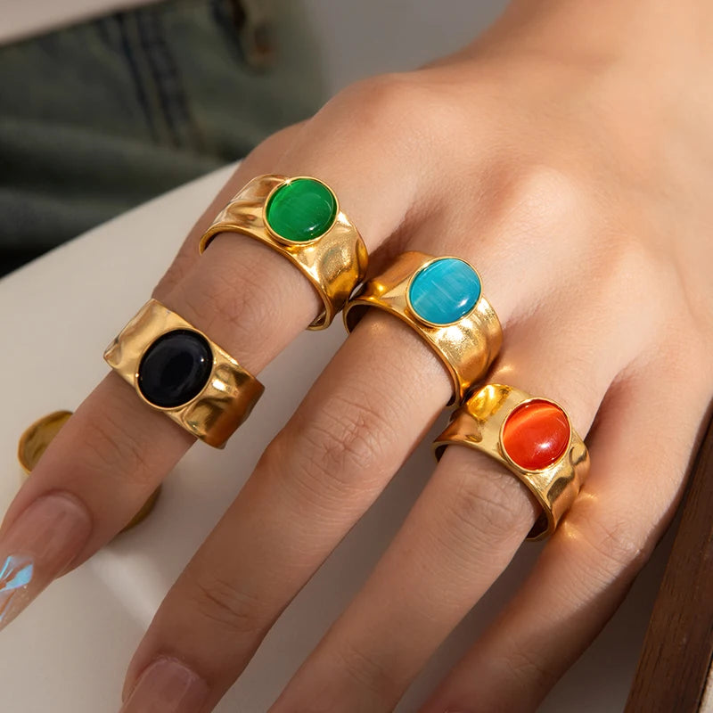 ANENJERY 316L Stainless Steel Colorful Stone Wide Smooth Open Ring for Women Men Elegant Noble Jewelry Gifts Wholesale