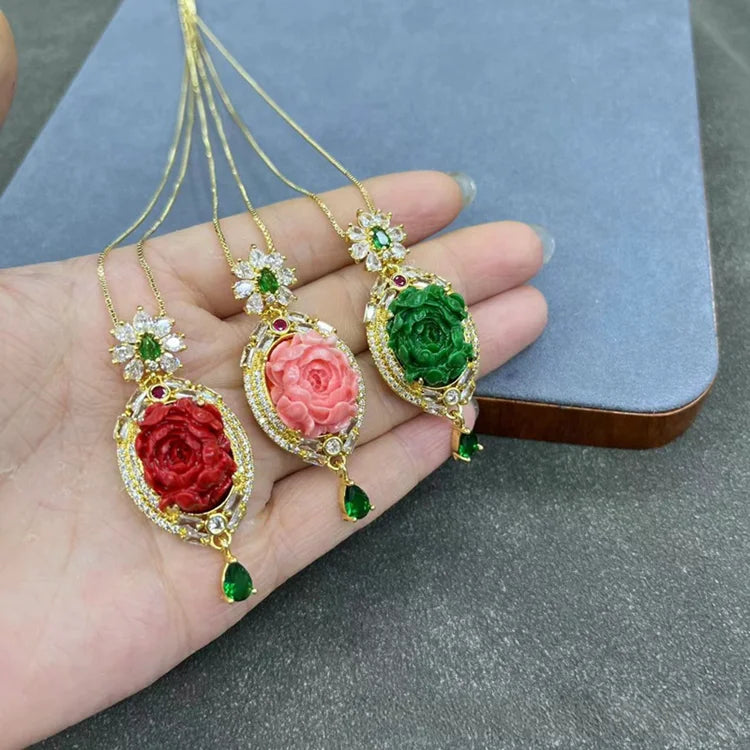 Turkish Natural Tourmaline Crystal Stone Neckalce Jade 3D Peony Flower Pattern Gemstone Pendant Charm Chain Women Lucky Jewelry