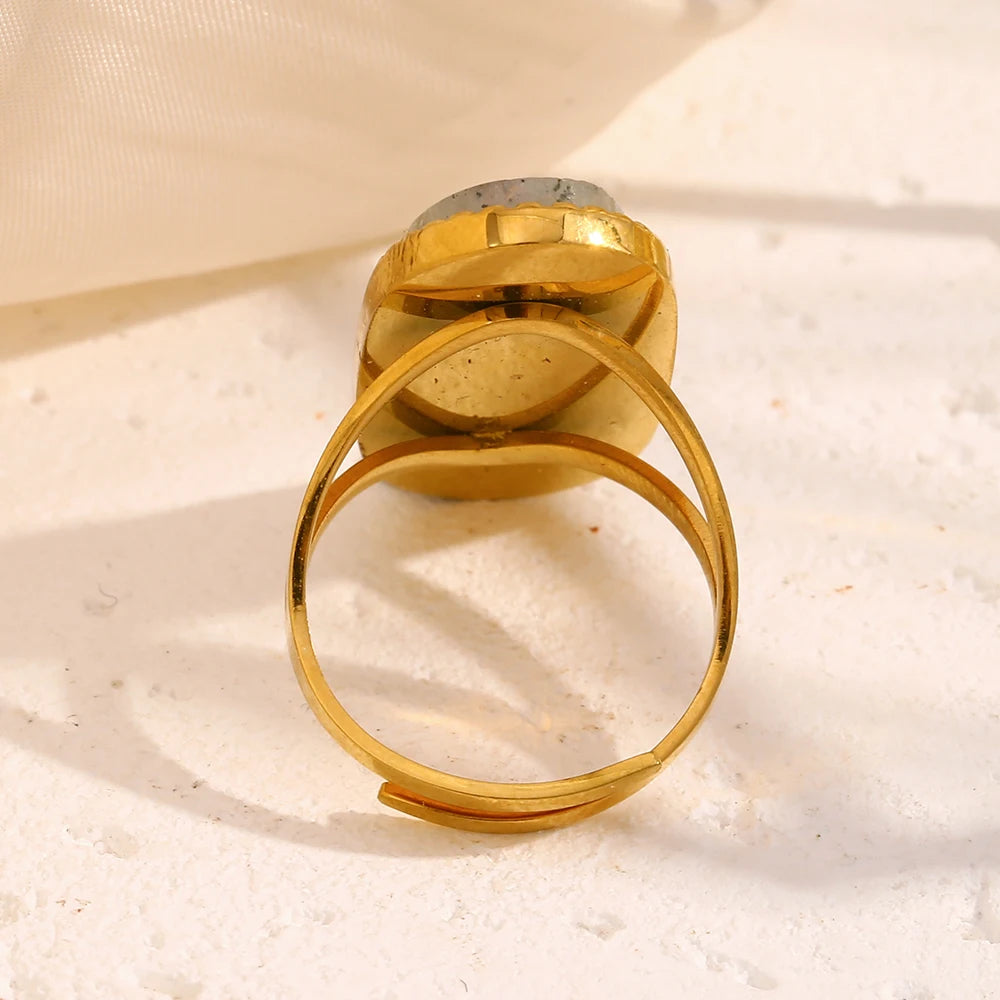 E.B.belle 18K Gold Plated Stainless Steel Waterproof Luxury Oval White Jade Opening Ring For Women Party Wedding Finger Jewelry
