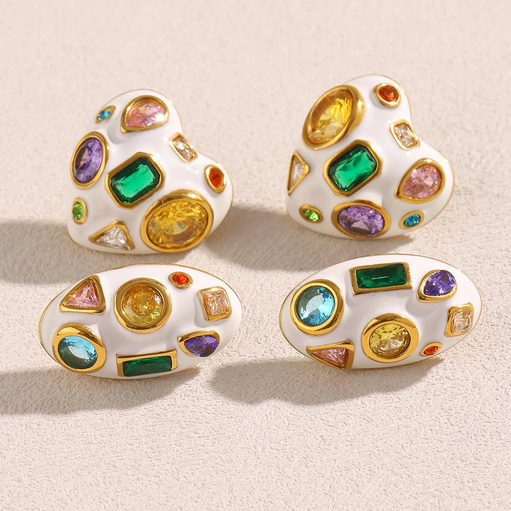 E.B.belle White Enamel Oval/Heart Coloful Geometric Zircon 18K Gold Plated Stainless Steel Women Party Statement Jewelry Gifts