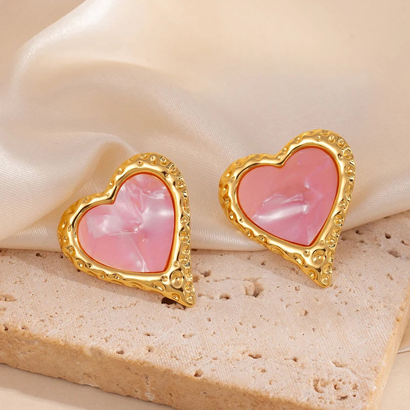 ANENJERY 316L Stainless Steel Ripple Metal Heart Earrings For Women Bohemia Niche Vintage Personality Delicate Jewelry Gifts
