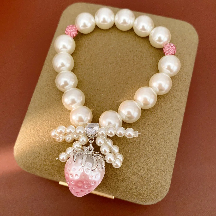 Zircon Beaded Bow Resin Strawberry Pearl Bracelets Light Luxury High Grade Bangle for Women Sweet Elegant Hand Jewelry