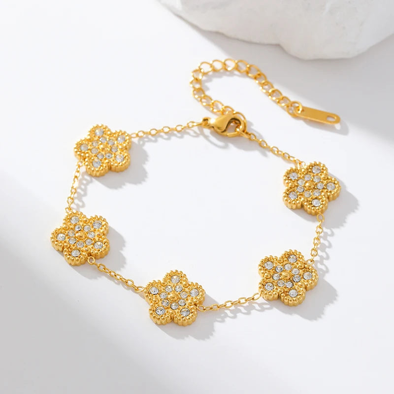 EILIECK New Fashion Stainless Steel Pink Zircon Clover Necklace Bracelet Earrings Set For Women Trendy Flower Jewelry Set Gift