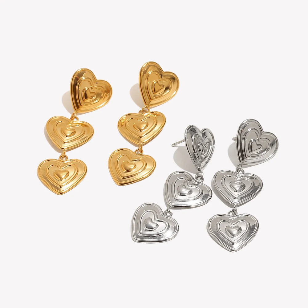 E.B.belle Modern Triple Heart Stud Earrings For Women 18K Gold Plated Waterproof Stainless Steel Earrings Fashion Ladies Jewelry