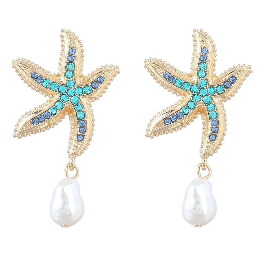 Luxury Female Crystal Blue Stone Gold Color Stud Earrings Cute Bridal Starfish Wedding Jewelry For Women