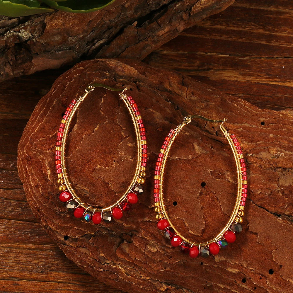 Badu Boho Colorful Woven Crystal Beads Oval Hoop Earrings for Women Stainless Steel Handmade Jewelry Bohemia Fashion Gifts