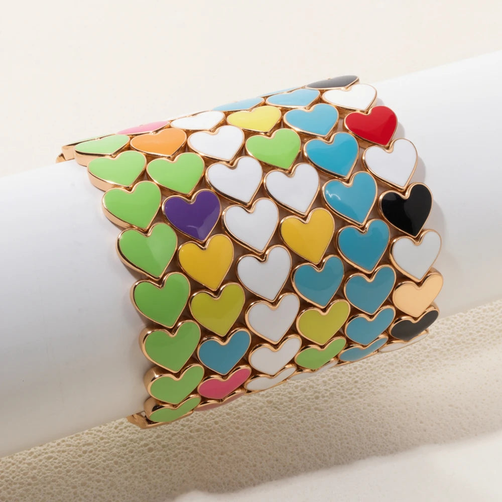 BEUTIFOR Drop Oil Love Shape Beaded Elastic Bracelets For Women Colorful Boho Beads Chunky Peach Love Wrist Accessory