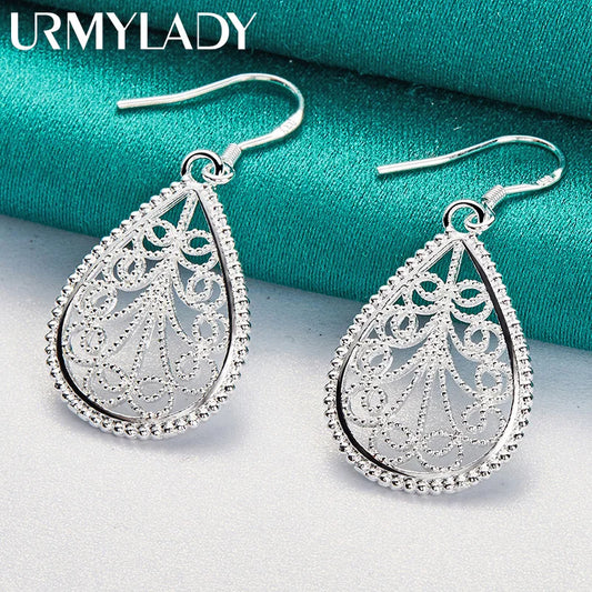 URMYLADY 925 Sterling Silver Water Drop Hollow Plant Earrings For Women Wedding Engagement Party Fashion Jewelry