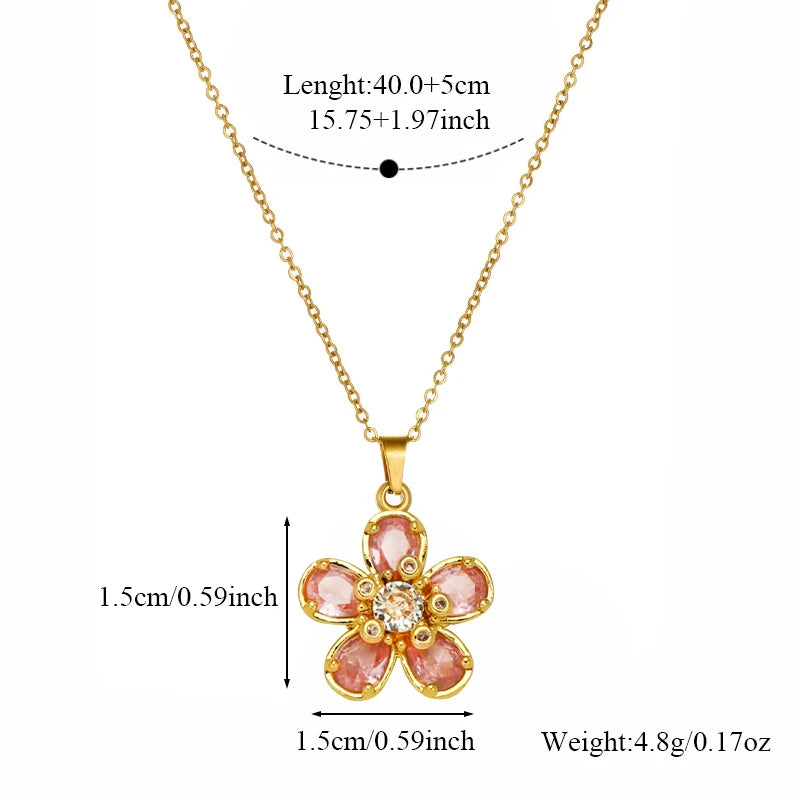EILIECK Women's Trendy Floral Pink Zirconia Pendant Necklace Stainless Steel Neck Chain Daily Water-resistant Jewelry Lady Gift