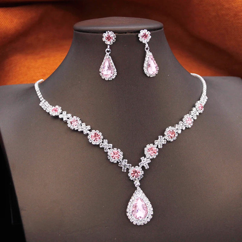Women's Rhinestone Water Drop Bridal Jewelry Set Birthday Prom Purple Choker Necklace Earrings Wedding Bride Accessory Fashion