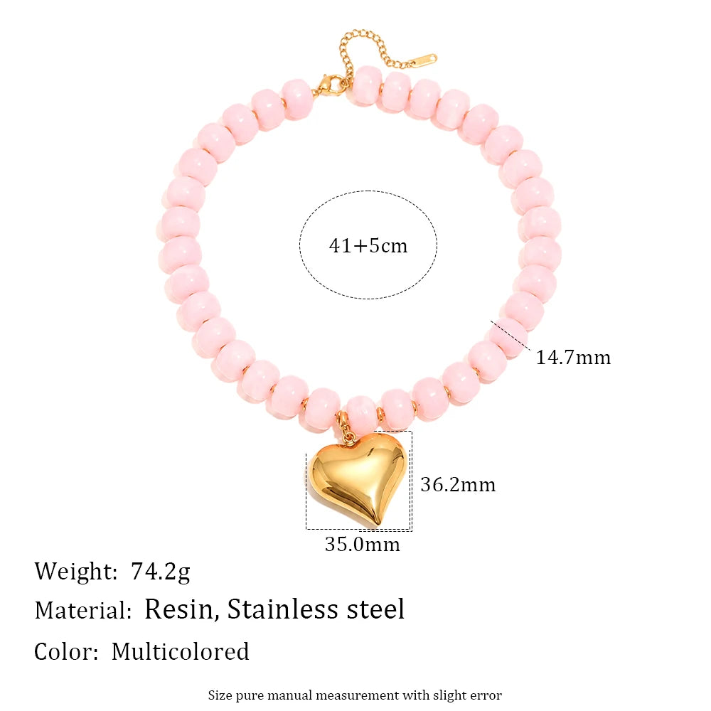 E.B.belle Candy Color Bead Heart Charm Necklaces Colorful Dopamine Resin Chain Necklace Tarnish Y2K Fashion Women Jewelry