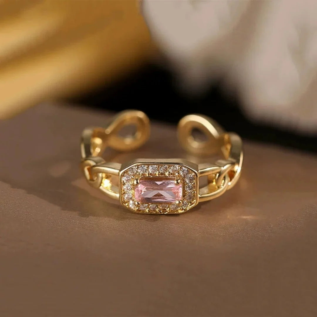 Cute Female Gold Color Pink Green Zircon Stone Wedding Rings Promise Open Adjustable Engagement Jewelry For Women
