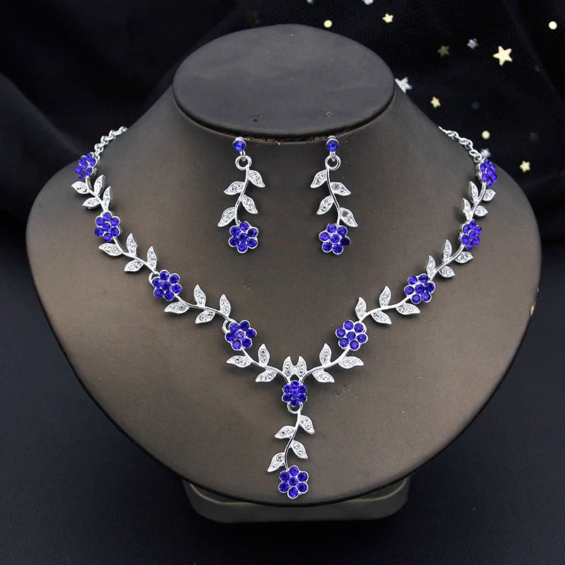Exquisite 16 Colors Flower Jewelry Set Rhinestone Pendant Party Women Fashion Romantic Wedding Necklace Earring Set 3pcs Gifts