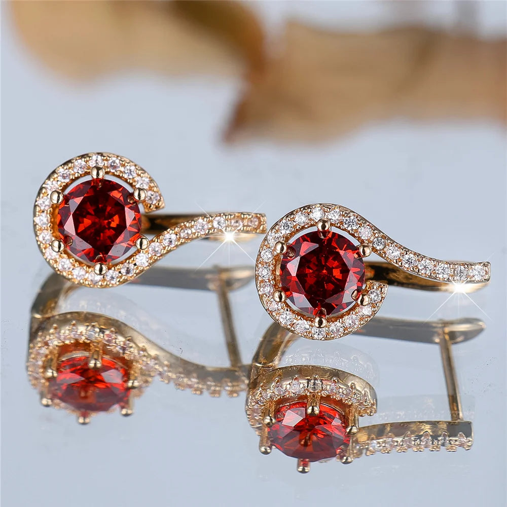 Charm Female White Red Round Zircon Stone Hoop Earrings Fashion Gold Color Wedding Jewelry For Women
