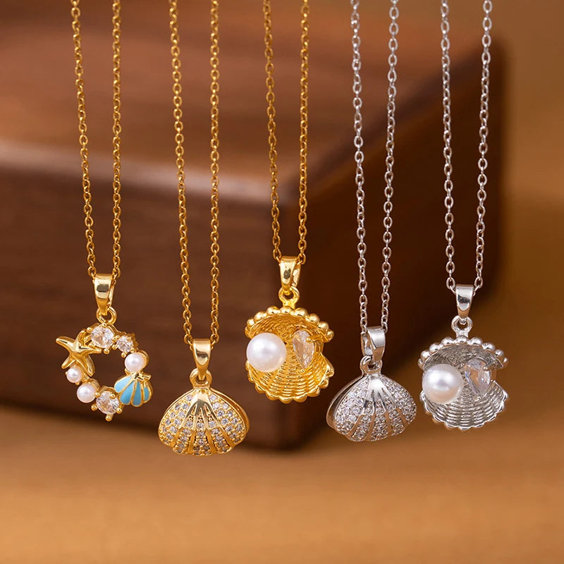 ANENJERY 316L Stainless Steel Flower Butterfly Shell Pendant Necklace For Women Delicate Elegant Fashion Jewelry Gifts Wholesale