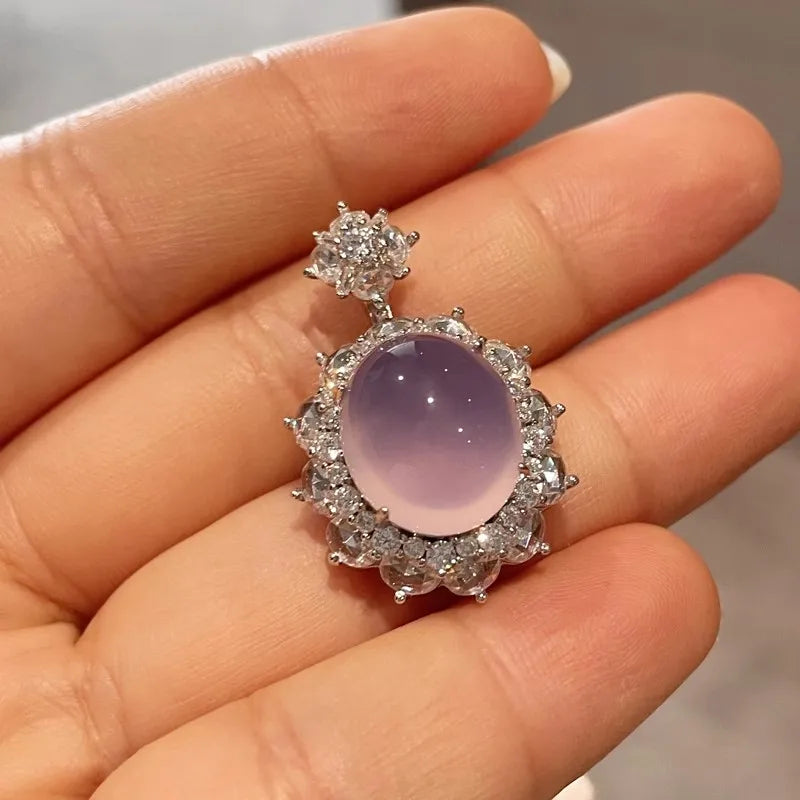 Huitan Aesthetic Women Purple Imitation Opal Pendant Necklace for Party Wedding Elegant Charming Accessories Jewelry Inlaid CZ