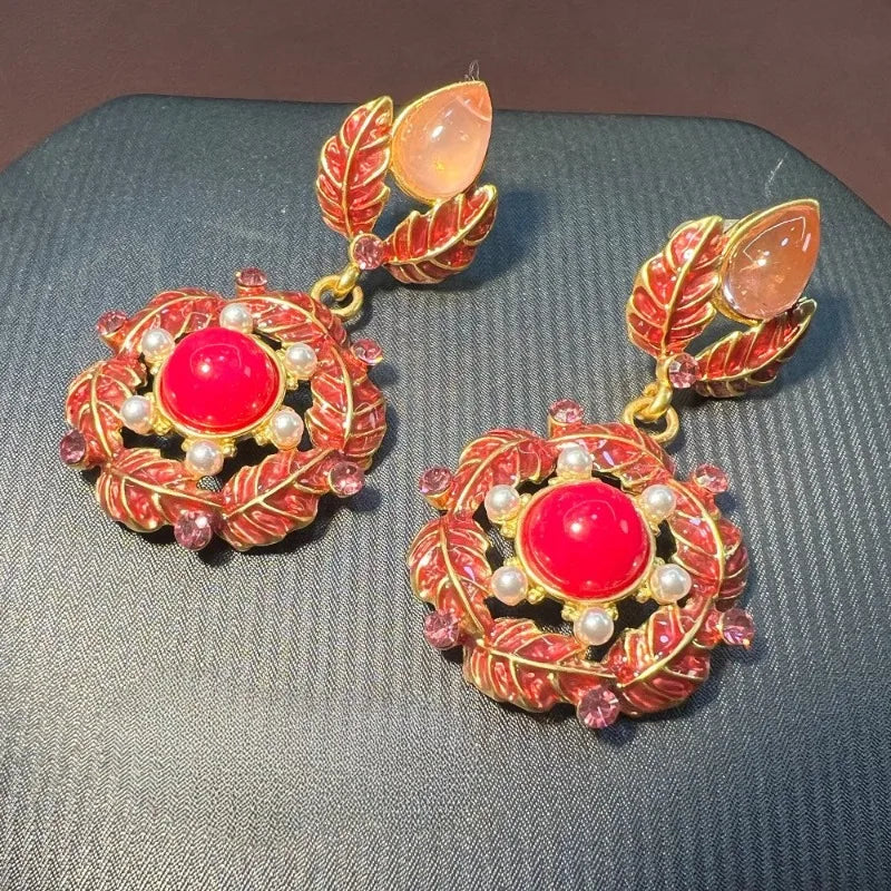 NISHIZAWA Pink Flowers Earrings for Women Enamel Vintage Court Style Jewelry Fashion Exquisite Elegant Pendientes Mujer