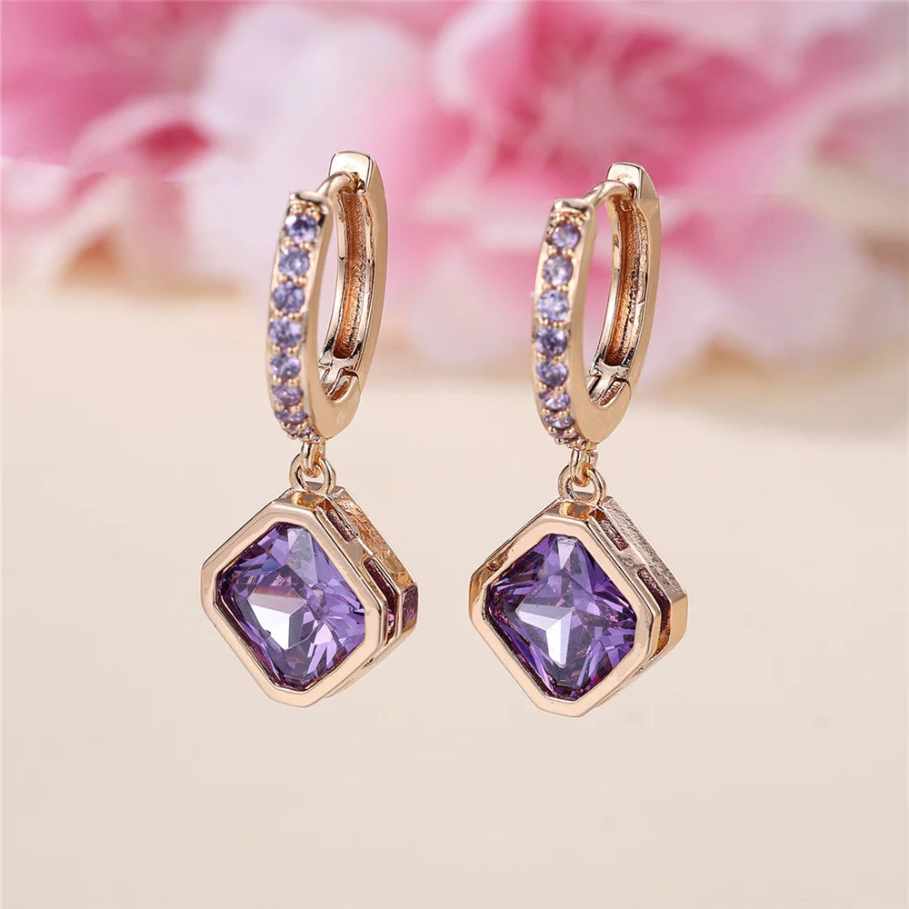 Dainty Female Purple Square Round Zircon Stone Hoop Earrings Cute Gold Color Girlfriend Gifts Wedding Jewelry For Women