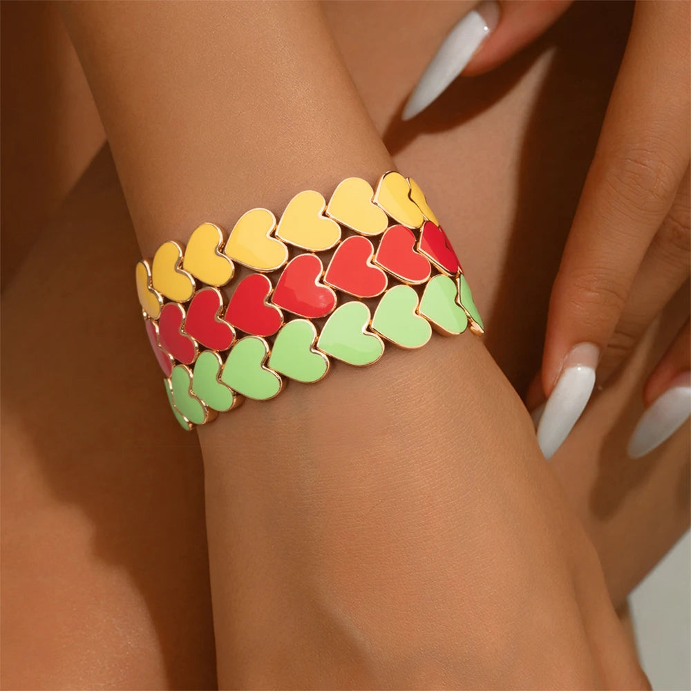 BEUTIFOR Drop Oil Love Shape Beaded Elastic Bracelets For Women Colorful Boho Beads Chunky Peach Love Wrist Accessory