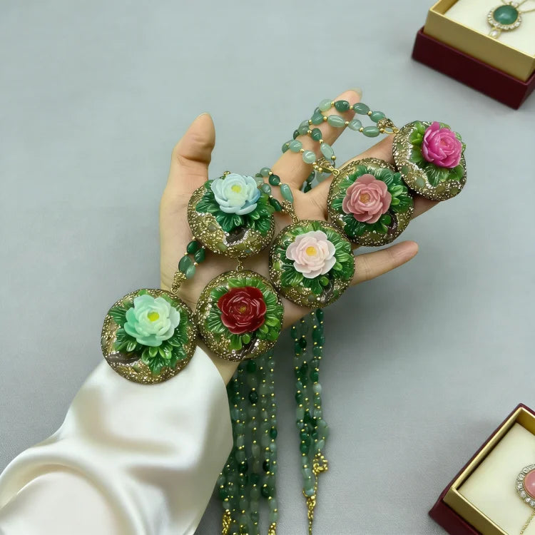 Turkish Natural Tourmaline Crystal Stone Neckalce Jade 3D Peony Flower Pattern Gemstone Pendant Charm Chain Women Lucky Jewelry