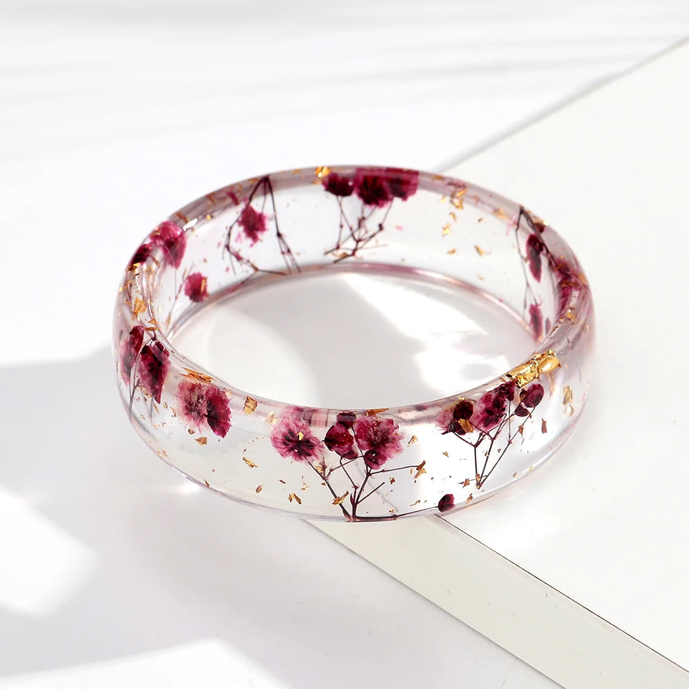 Vintage Dried Flowers Transparent Resin Chunky Bangles New Stackable Cuff Bangle Bracelets for Women Charm Jewelry