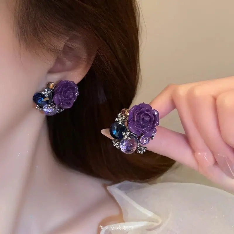 Charming Purple Crystal Flower Stud Earrings For Women Korean Fashion Romantic Rhinestone Rose Earrings Wedding Party Jewelry