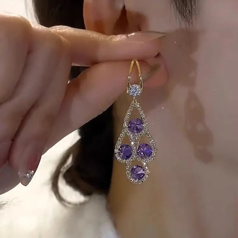 Purple Crystal Water Drop Long Tassel Earrings Women Design Sparkling Prom Accessories Party Jewelry Birthday Anniversary Gifts