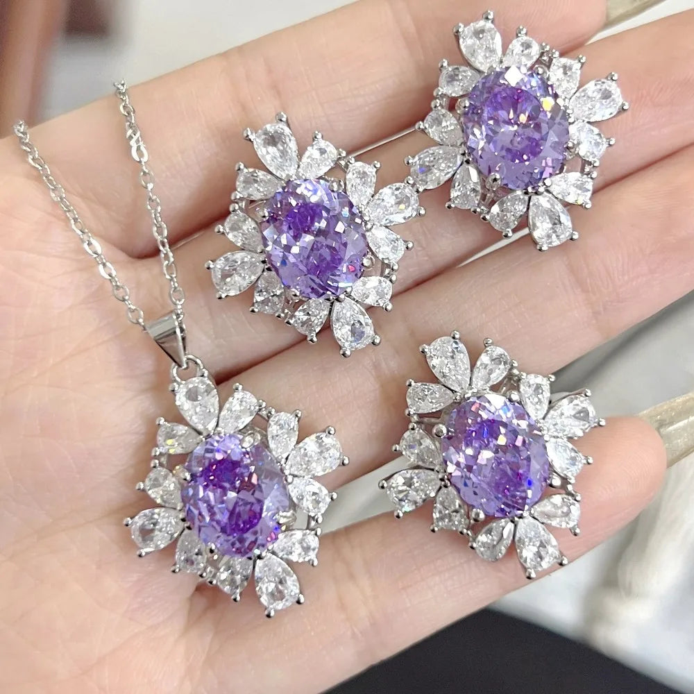 925 Sterling Silver Bright Bird's Nest Cut High Carbon Diamond Violet Flower Jewelry Set Elegant Jewelry