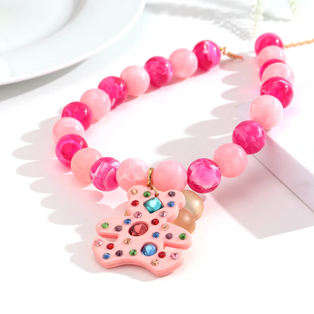 Fashion Acrylic Big Round Beads Bear Pendant Necklace for Women Colorful Geometric Beaded Choker Necklace Party Jewelry Gift