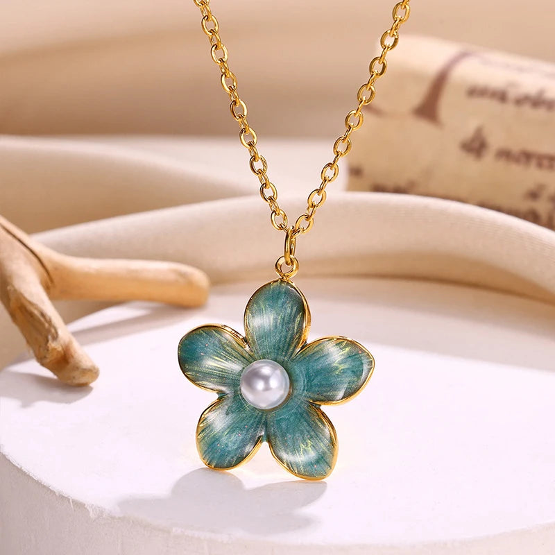 ANENJERY 316L Stainless Steel Enamel Colorful Flower Pearl Pendant Necklace For Women Sweet French Luxury Jewelry Gift Wholesale