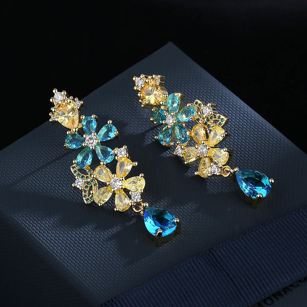 Bohemian colorful zircon flower earrings 925 silver needle fashion heavy industry new personality earrings female wholesale