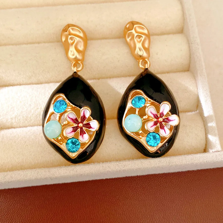 Vintage Rhinestone Enamel Flower Long Earrings Retro Style Light Luxury High Grade Exquisite Elegant Ear Jewelry for Women