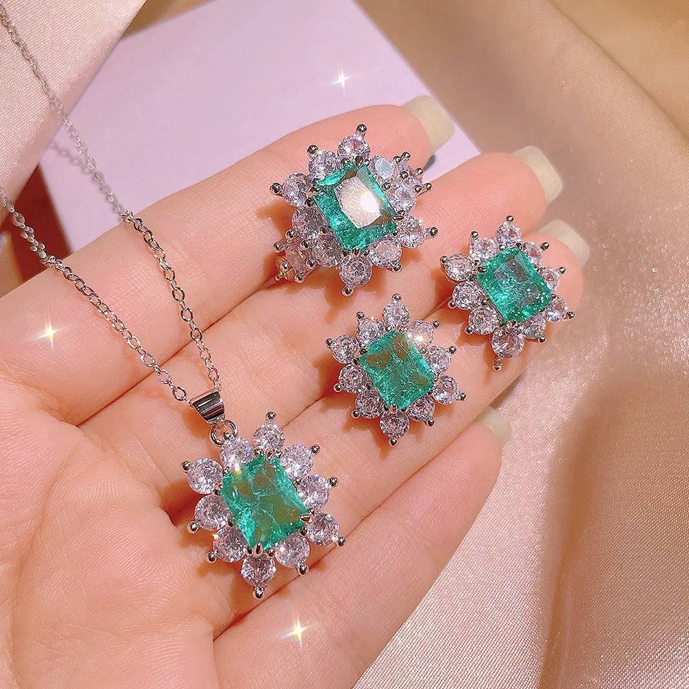 925 Silver Vintage Rectangle Emerald Jewelry Set Halo Starburst Zircon Necklace Earrings Women Party Ornaments