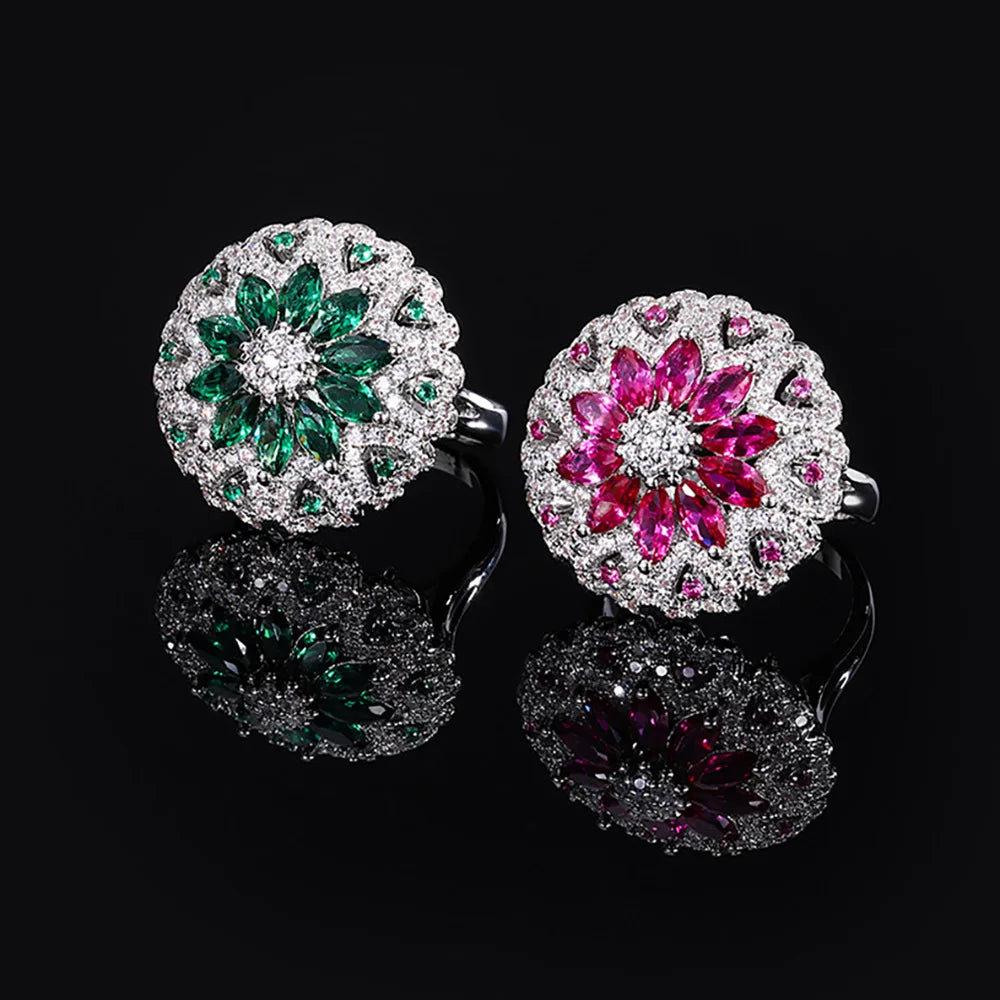 Luxury Ruby Emerald Flower Rings for Women High Carbon Diamond Wedding Bands Retro Gemstone Party Fine Jewelry Anniversary Gift