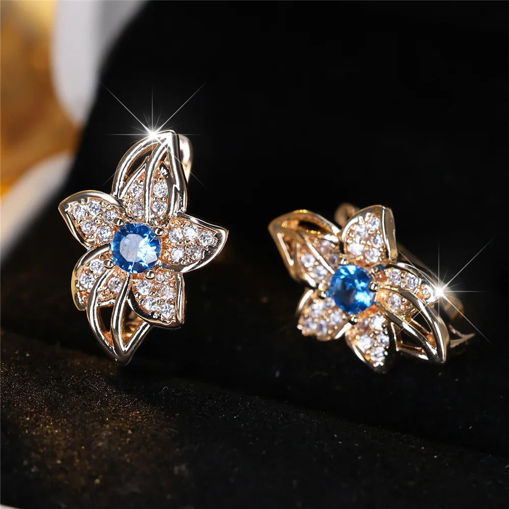 Cute Water Blue Red Zircon Hoop Earrings Female Luxury Crystal Rose Gold Color Wedding Jewelry For Women