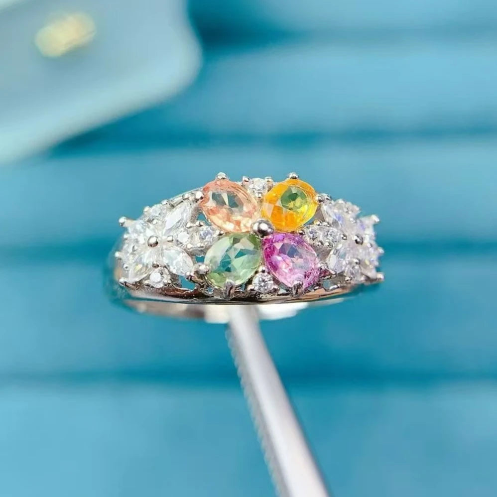 Guarantee Natural Sapphire Ring 3x4mm Multi-color Sapphire Silver Ring with Free Jewelry Certificate Gift for Women