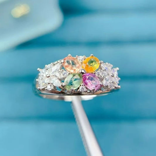 Guarantee Natural Sapphire Ring 3x4mm Multi-color Sapphire Silver Ring with Free Jewelry Certificate Gift for Women