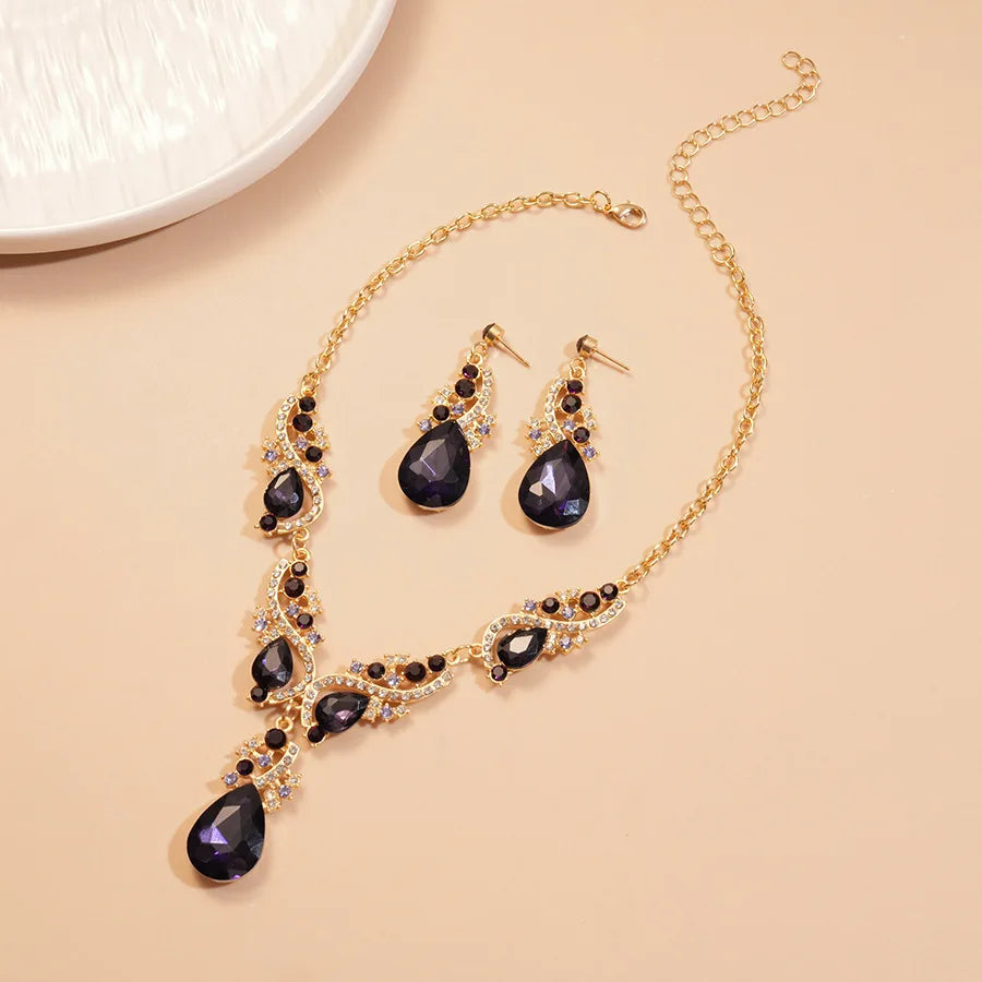 Purple Rhinestone Pendant Necklaces Drop Earrings Party Banquet Jewelry Set Vintage Water Drop Necklace Earrings Accessories H